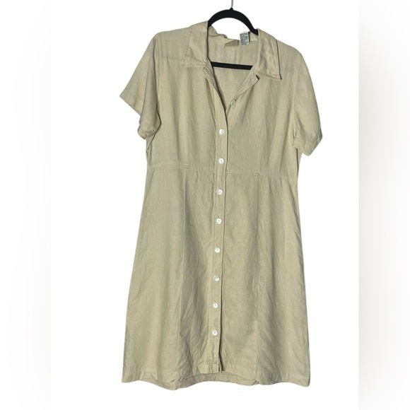LL Bean 100% Linen button down khaki midi dress Natural fabric work casual SZ 10 - Picture 1 of 10